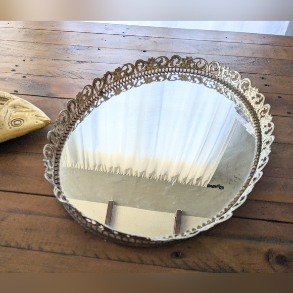 Accents Vintage Oval Brass Filigree Gilt Ormolu Mirror Dressing Table